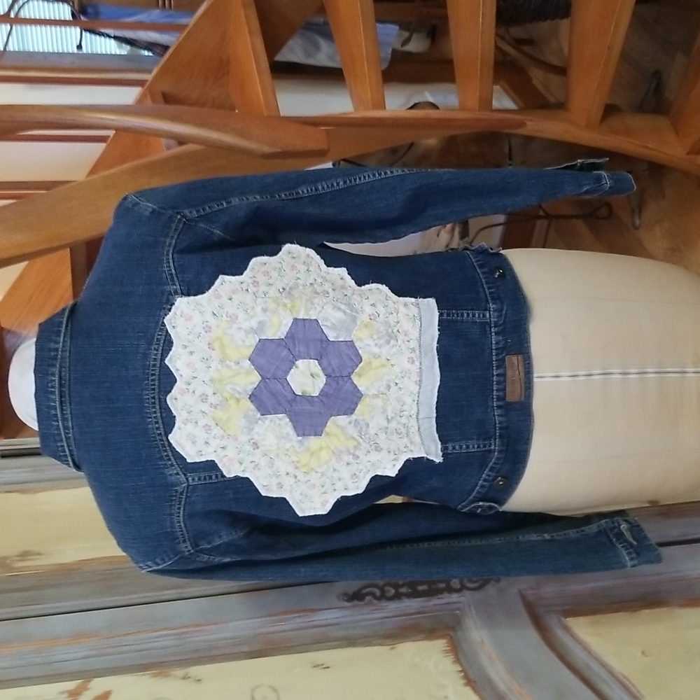 ALTERED Jean jacket refurbished with vintage materials.